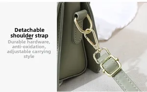 Close-up of adjustable green leather shoulder strap with gold-tone metal buckle