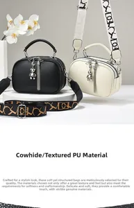 Detail of lychee textured leather bags with wide floral straps and bear pendants