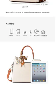 Detailed size guide of cream tote bag with dimensions 28.5cm by 12cm and iPad comparison