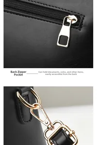 Detail of black leather handbag featuring a secure back zipper pocket and gold-tone hardware