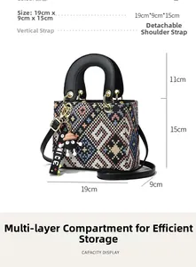 Detail view of woven canvas handbag measuring 19x9x15cm with black leather handles