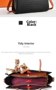 Detail of crocodile pattern faux leather handbag with brown straps and multi-layer interior