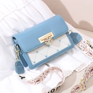 Women PU Leather Heart Quilted Crossbody Bag Floral Enamel Heart Lock Wide Printed Shoulder Strap Sweet Style