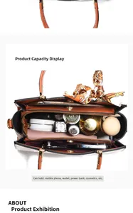 Top view of large capacity two-tone handbag showing interior compartments with daily essentials