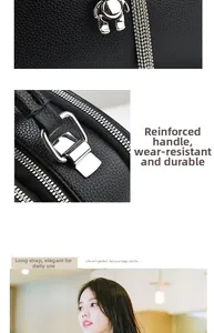 Detail of black lychee leather handbag showing silver hardware and detachable strap