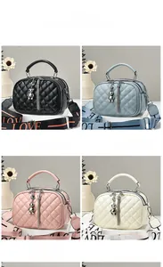 Quilted crossbody bag with bear charm shown in black, blue, pink, and beige color options