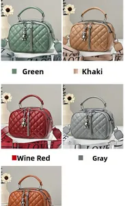 Quilted crossbody bag details showing five color options and stylish bear charm pendant