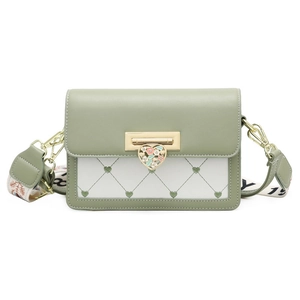 Women's trendy crossbody bag in green and white with heart stitching and golden buckle