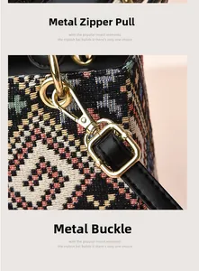 Macro detail of high-quality gold hardware and colorful houndstooth woven fabric