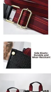 Detail of woven tote bag showing gold metal buckles and reinforced side rivets