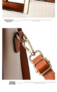 Close-up of crocodile texture leather stitching and gold metal hardware on women handbag