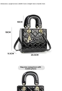 Detailed size guide of black patent leather quilted handbag with metal charms