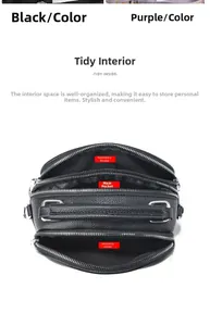 Detail view of the black multi-layer crossbody bag showing its three zipper compartments