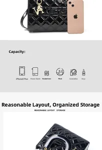 Detail view of glossy black patent leather quilted bag showing daily item storage capacity