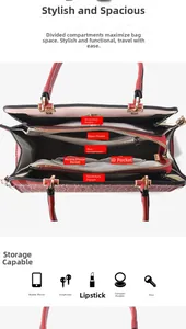 Detailed interior view showing large capacity compartments and pockets of the red handbag