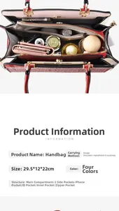 Detailed internal structure of red handbag showing large capacity and multi-layer pockets