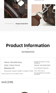 Gros plan du motif monogramme sur sac en similicuir avec tableau des tailles détaillé