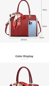 Detail of red tote bag with printed silk scarf handle and size comparison dimensions