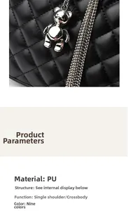 Close-up of quilted PU leather bag with silver bear pendant and chain tassel detail