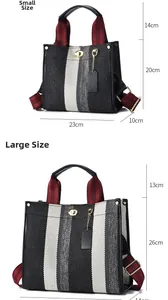 Size comparison chart for striped canvas tote bags in small and large dimensions