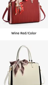 Detail of burgundy and cream wave texture leather handbags with silk scarf and gold hardware