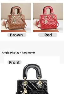Close-up of quilted patent leather handbags in brown, red, and black with metal handles