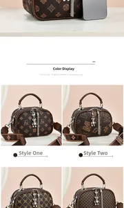 Détail de sacs bandoulière ronds avec imprimés logo vintage et pendentif ours
