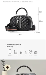 Detailed size map of black quilted crossbody bag with three zipper layers and bear charm