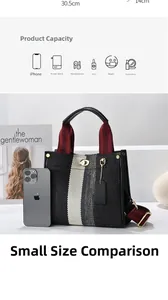 Detailed view of large capacity striped tote bag with size dimensions 30.5cm x 14cm