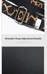 Detail of adjustable black jacquard strap with silver metal buckle on pebbled leather bag