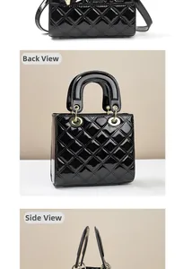 Detail view of black patent leather handbag with classic quilting from multiple angles