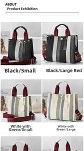 Detail view of canvas tote bags in various colors and sizes with leather straps