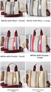 Detail showing various sizes and colors of striped canvas tote bags with magnetic buckles