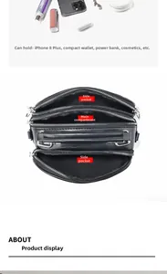 Detail view of the black leather crossbody bag featuring multiple zipper compartments