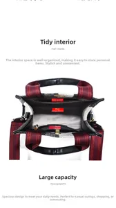 Detail view of large tote bag interior with zipper pocket and striped carry handles