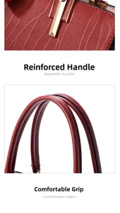 Close-up of reinforced handle and textured red leather on large wedding handbag