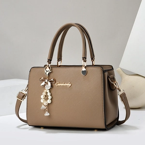 Modische Damen Handtasche Kreuznarbe PU Leder Top Handle Schulter Crossbody Tasche Mit Künstliche Perlen Schleife Anhänger Elegant