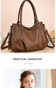 Close-up of brown PU leather handbag with litchi texture and gunmetal hardware