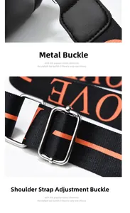 Detailed view of silver metal buckles and adjustable strap with LOVE lettering