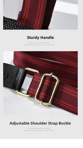 Detail of burgundy striped strap with gold adjustable buckle and premium black leather trim
