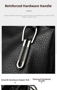 Detail view of smooth zipper, lychee-grain leather and polished hardware on handbag
