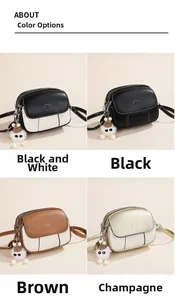 Detail view of stylish square crossbody bags in black, brown and champagne with bear charms
