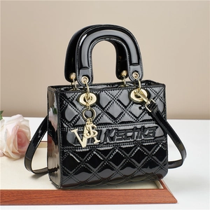Women Patent Leather Handbag Quilted Rhombic Pattern Circular Handle Crossbody Bag Golden Metal Charms Wedding Daily