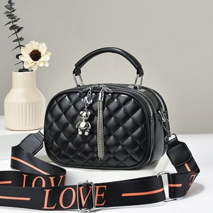 Quilted PU Leather Handbag Crossbody Bag Multi Layer Zipper Wide Strap Bear Pendant Tassel Chic For Women