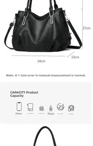 Detailed dimensions of black pebble leather tote bag showing 34cm width and 27cm height
