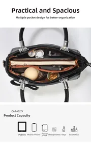 Detailed internal structure of a black leather tote bag with multiple compartments