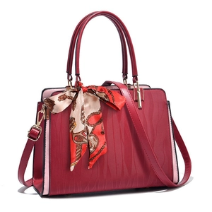 Elegant wine red large capacity handbag with wave texture, silk scarf and gold hardware