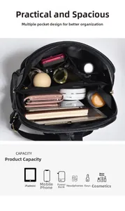 Internal view showing organized compartments of the black leather backpack with ample storage