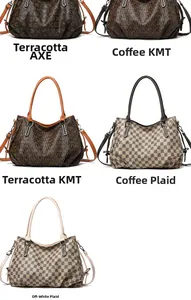 Detail view of five stylish PU leather Boston bags in various patterns and colors