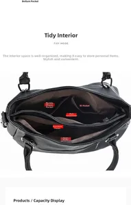 Internal view of black leather handbag featuring tidy compartments and functional pockets
